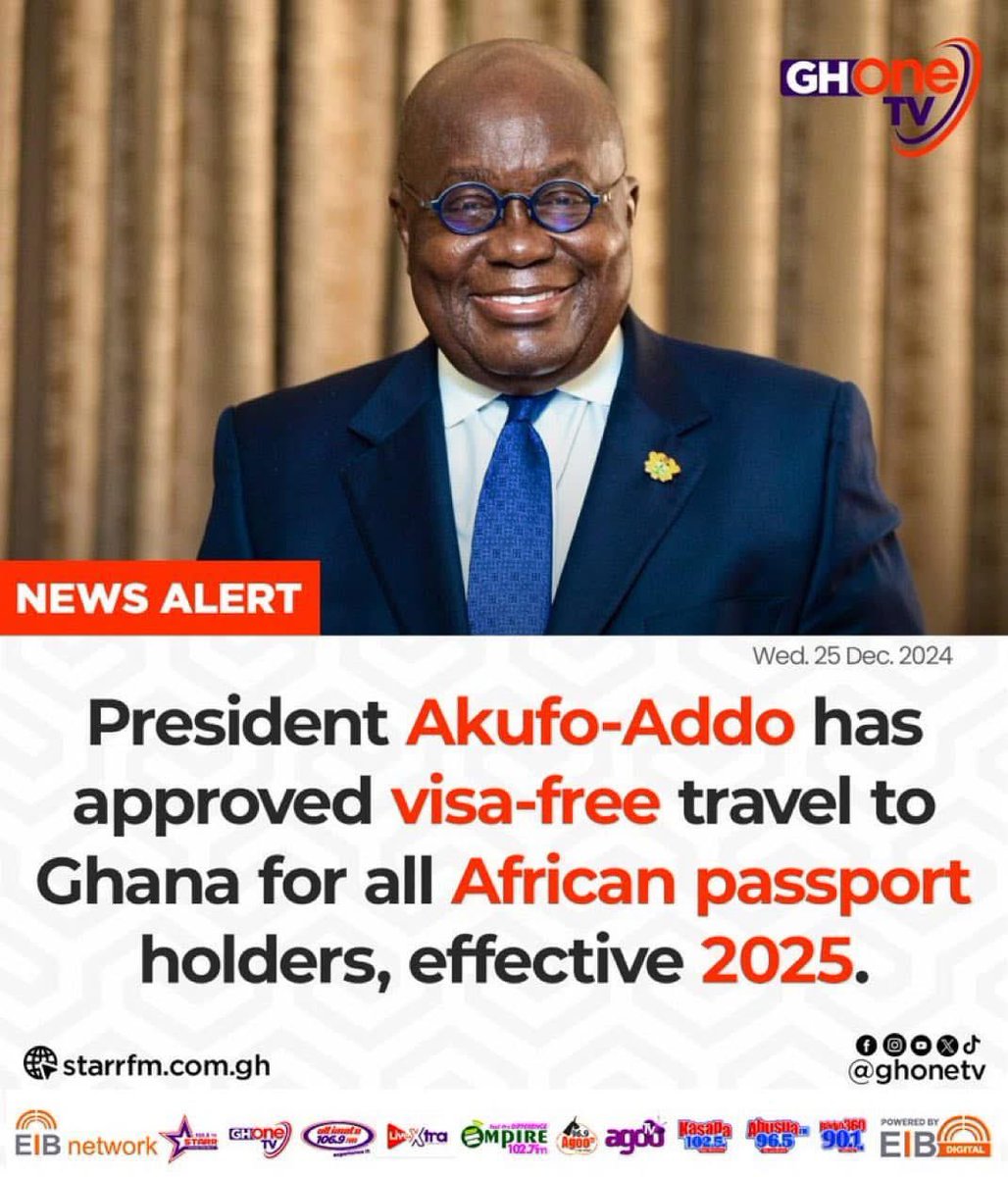 Exciting News for Africa! 🌍👏 Ghana 🇬🇭 goes Visa-Free for all African passport holders from Jan 2025! 🚀 Promoting African unity, travel &amp; economic cooperation! 💪🏼 #AfricanPolicyCircle #Ghana #VisaFree #AfricanUnity #RegionalIntegration