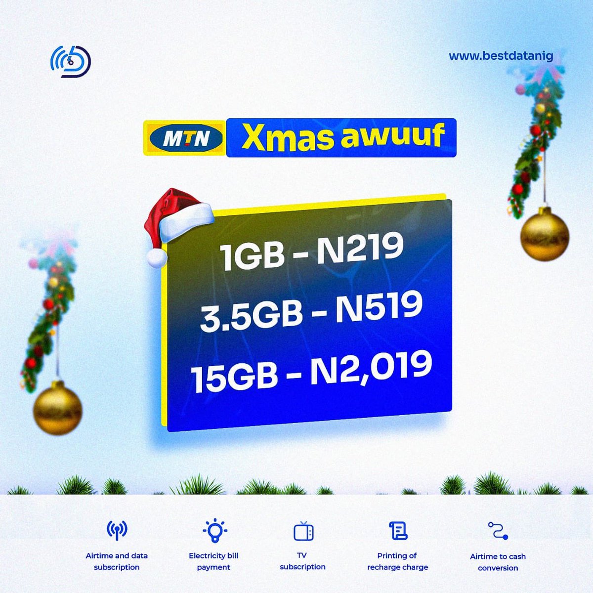 _AsiwajuLerry's tweet photo. Get MTN 1GB for just โฆ219. Load up now at https://t.co/hhs3DCByNp.
#ChristmasAwoof #BestData https://t.co/7PrwpimDUU