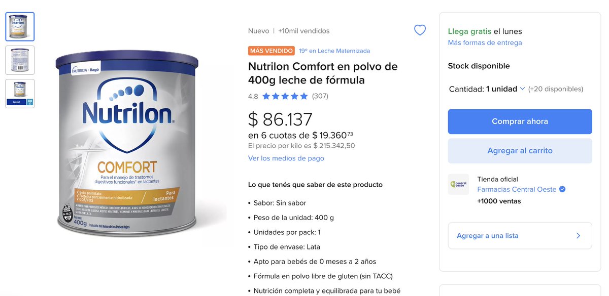 Me cuesta entender la dispersión de precios de Argentina. El mismo producto 158% más caro. 

Hay también con entrega el lunes por 42.5k ARS también.