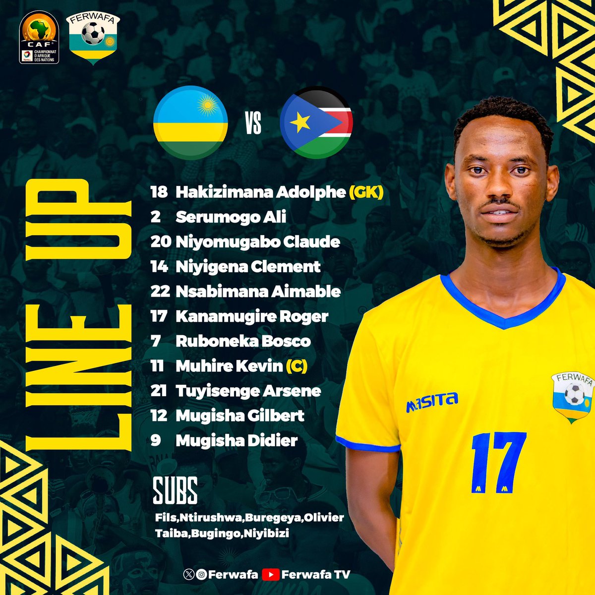 theupdaterwanda's tweet photo. #RWASSD
Abakinnyi bagiye kubanzamo ku ruhande rw' amavubi

#CHANQ2024 
@FERWAFA 
@AJSPOR_official 
@UwihirwePatric1 https://t.co/pn1ozhY1N7