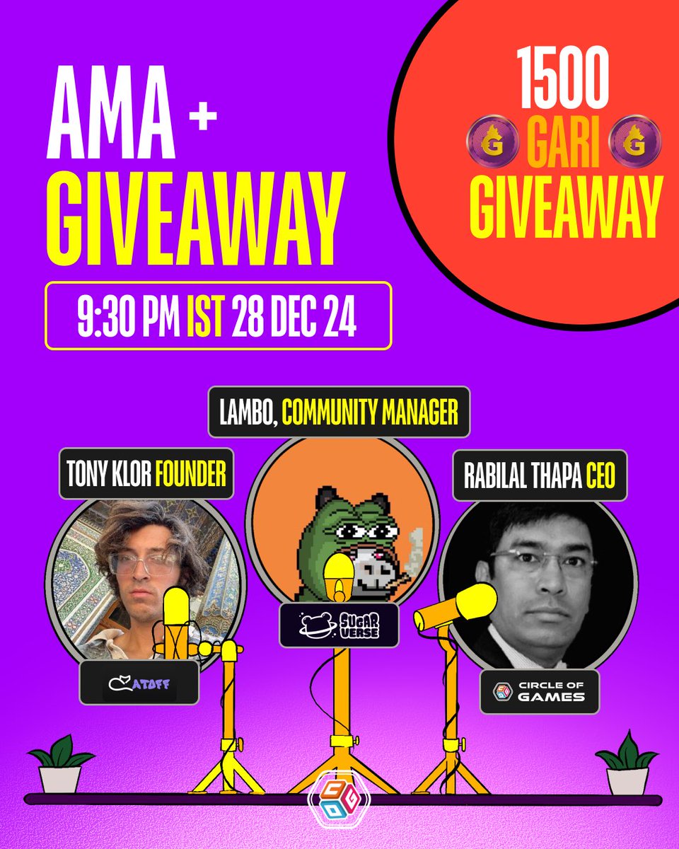 Circle_of_Games's tweet photo. Join our AMA session with @Real_Sugarverse and @CatoffGaming 
                                On
2024 Wrap: The future of Crypto Gaming in 2025

🗓️ Date  - 30th December ’24
🕰️ Time  - 9:30 pm IST
🎁Giveaway- 1500 #garitoken to among 20 lucky winners!

To participate:
1️⃣ Like and RT this post
2️⃣ Drop your questions in the below comment section
3️⃣ Join the AMA

#spacex #Crypto #partnerships #giveaway #contest