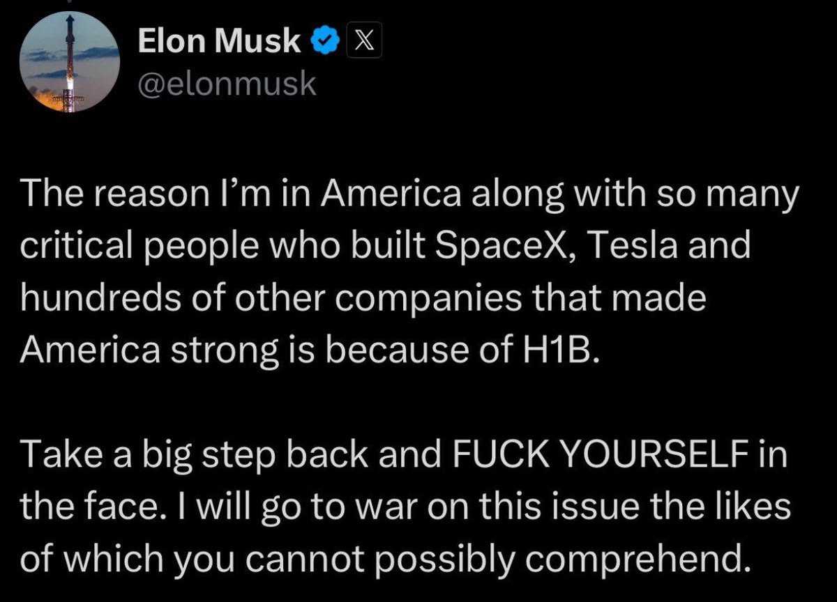 PauloMacro's tweet photo. Tech Bros losing H1B arguments on their own “free speech” platform.

As mentioned on chat - these tech bros are self-destructing and Trump hasn't even been sworn in. Just wait until they start arguing amongst themselves. https://t.co/npGhLaxywF