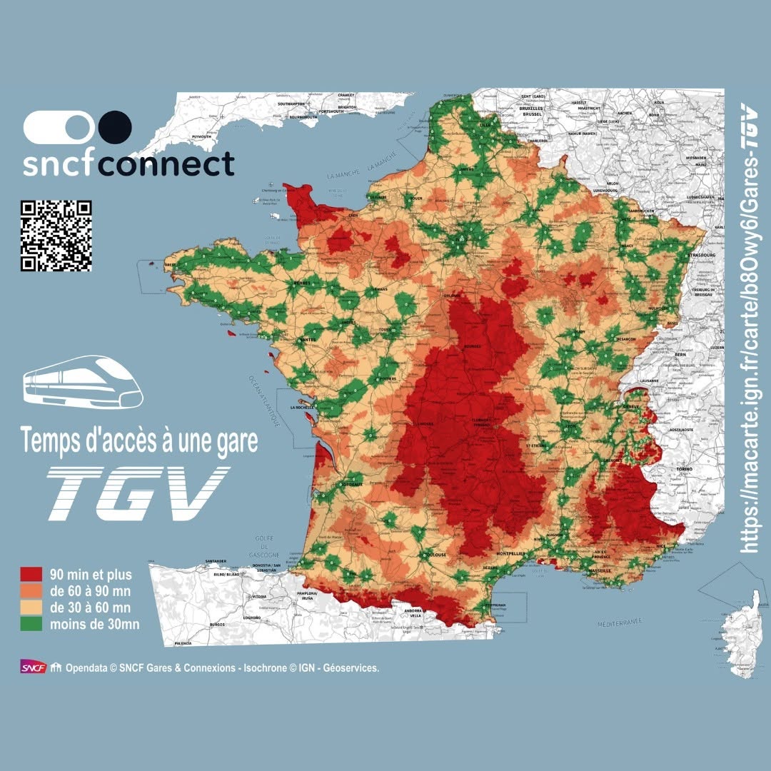 Temps d'accès à une Gare TGV en France Métropolitaine 🇫🇷🚄

Qu'en est-il pour vous ? 🤔

Source 📸 : Jean-Marc Viglino | SNCF Open Data &amp; GeoServices