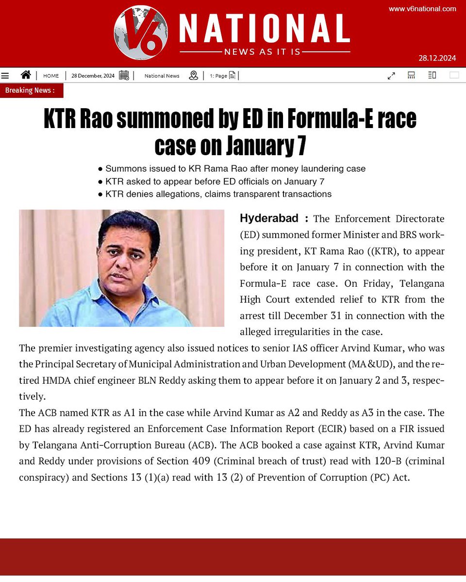 V6National's tweet image. The Enforcement Directorate
(ED) summoned former Minister and BRS working president, KT Rama Rao ((KTR), to appear before it on January 7 in connection with the Formula-E race case. #ktr #formulaecase #formulaerace