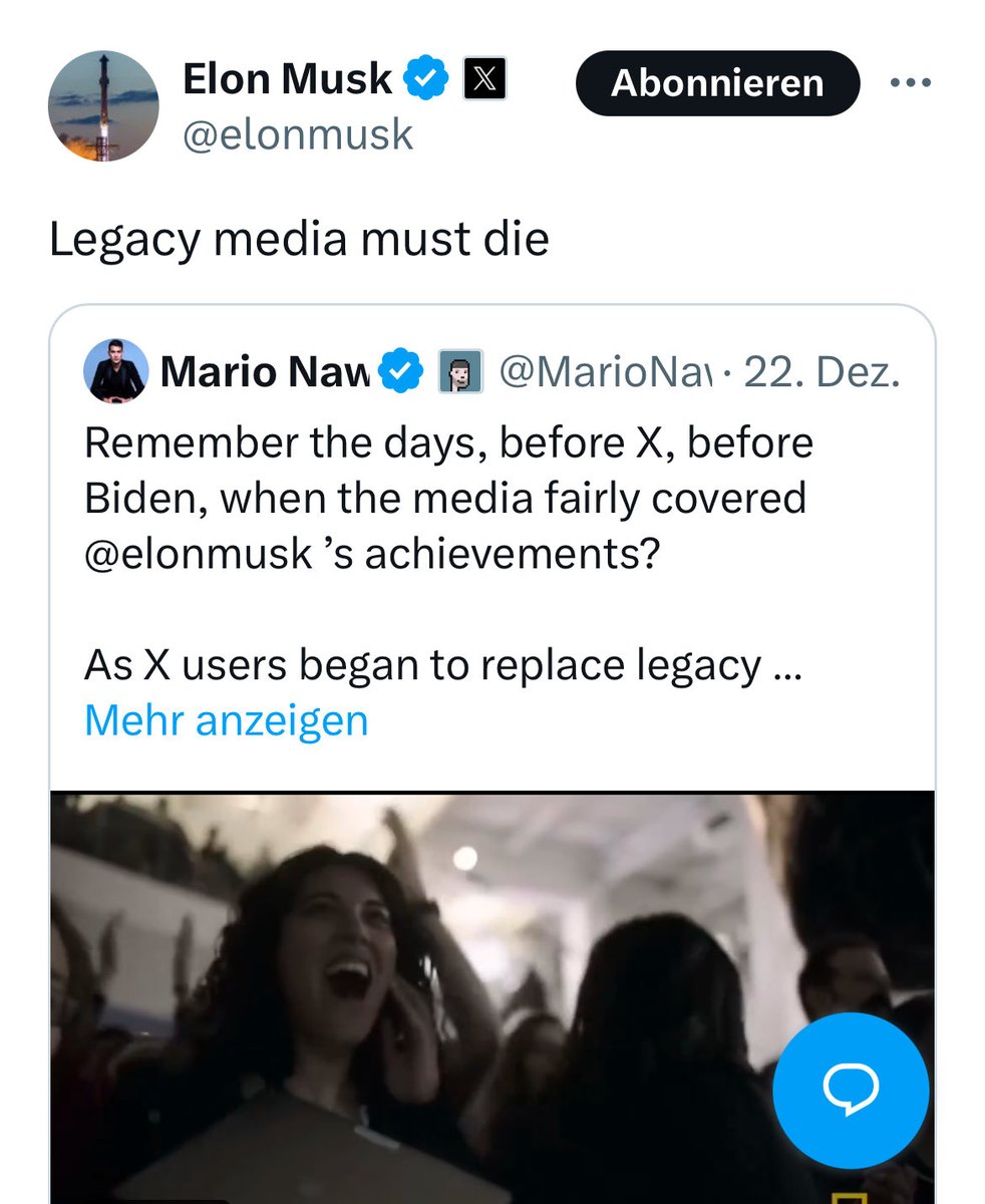 Das Irrste ist wirklich, dass eine klassische Zeitung („legacy media“) mit begrenzter Auflage glaubt, einem Mann mit mehr als 200 Millionen Followern ein Forum bieten zu müssen, dessen erklärtes Ziel die Zerstörung der von Tech-Oligarchen unabhängigen, liberalen Medien ist.