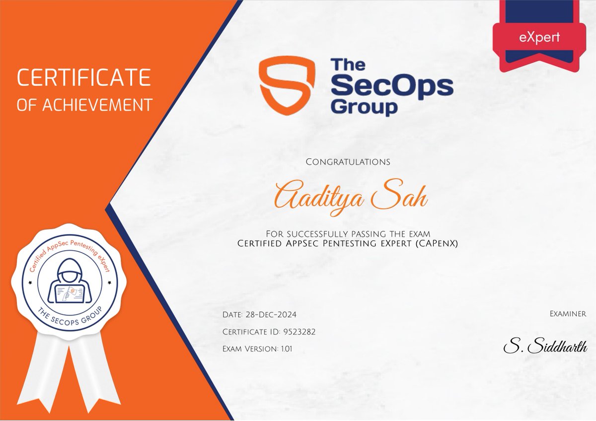 Aaditya Sah (@root__professor) on Twitter photo Happy to be CAPenX certified! On to the next π
Thanks to <a href="/TheSecOpsGroup/">The SecOps Group</a>!
#CyberSecurity #CAPenX Happy to be CAPenX certified! On to the next π
Thanks to <a href="/TheSecOpsGroup/">The SecOps Group</a>!
#CyberSecurity #CAPenX