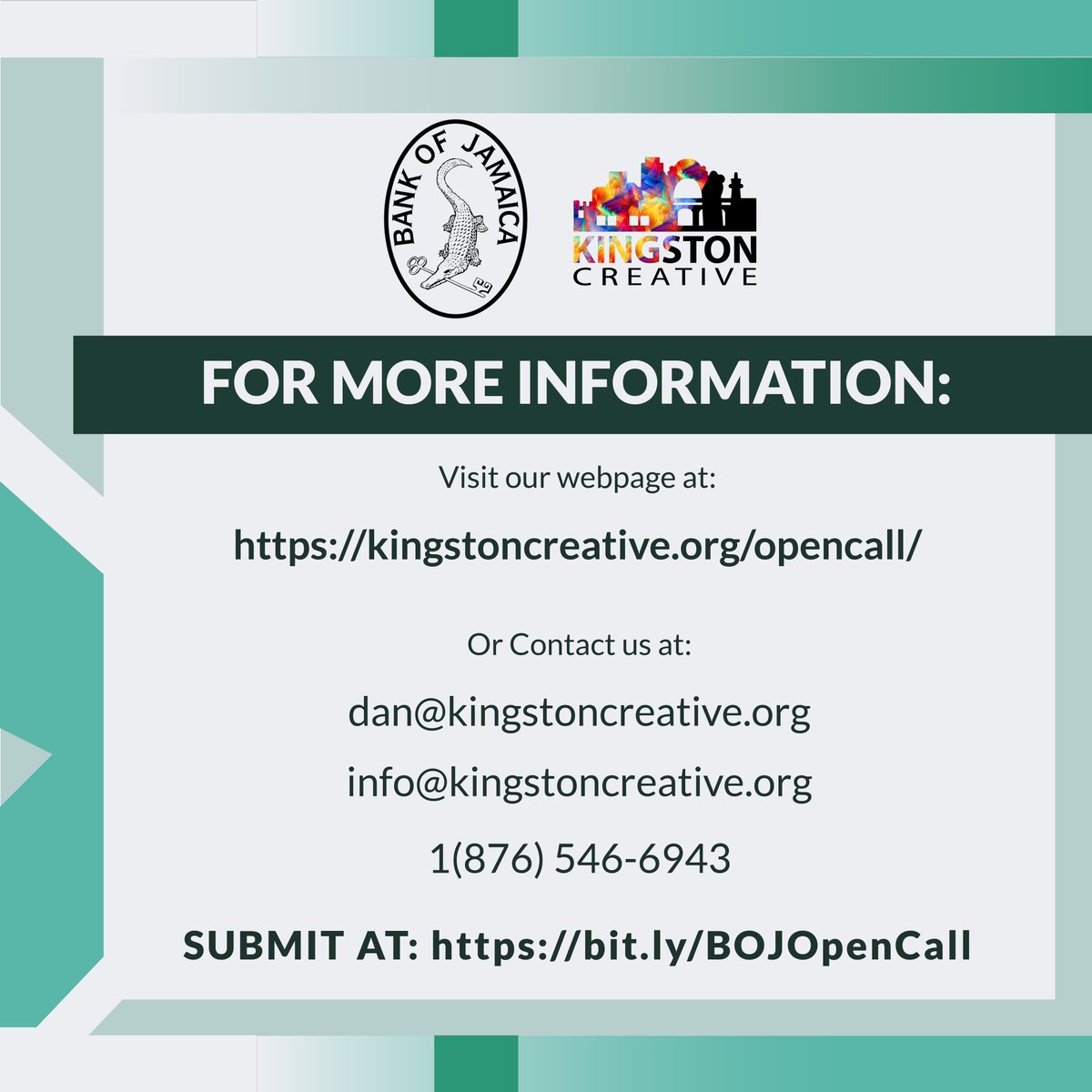 Kingston Creative is excited to announce an open call for a mural in partnership with the Bank of Jamaica in Water Lane! We invite you to submit your creative designs.

 Submit your application by January 6. For more information and to apply, visit:
bit.ly/BOJOpenCall