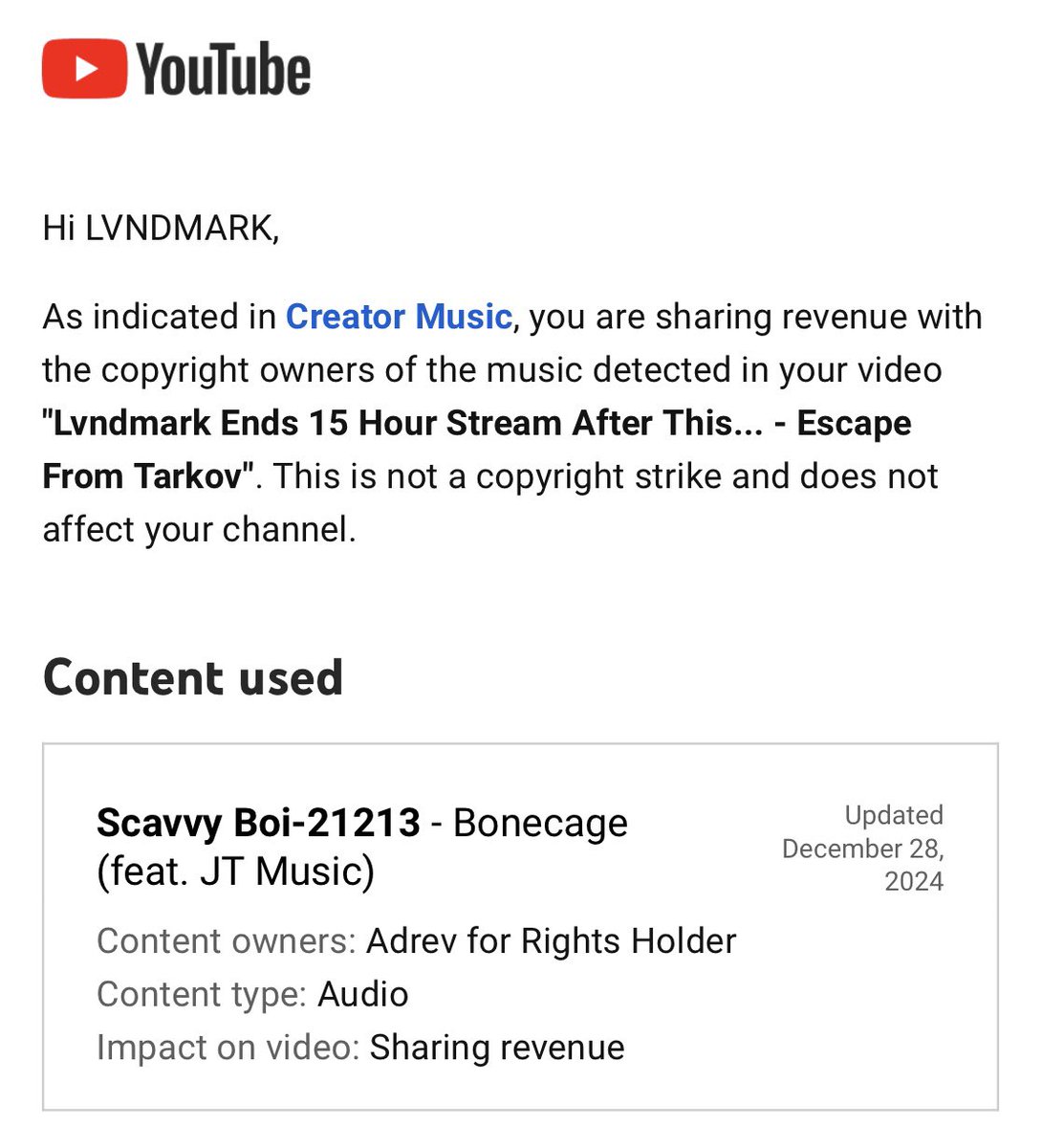 Heads up to content creators streaming <a href="/tarkov/">Escape from Tarkov</a> … looks like some of the music <a href="/bstategames/">Battlestate Games</a>  put on the in game radios is copyrighted. Don’t think there’s an option to disable it 😂