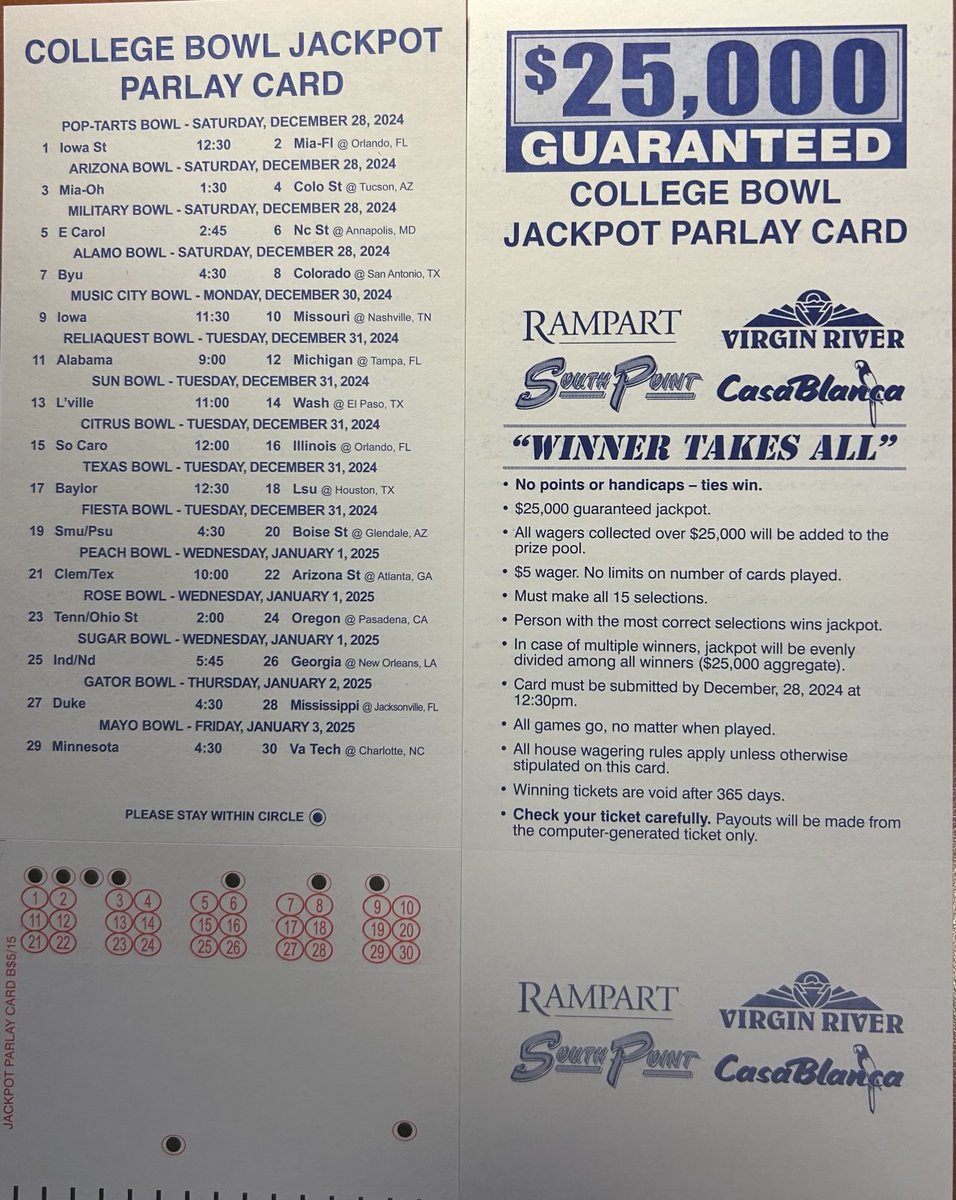 Right now there is over $19,000 of an overlay on the Jackpot card. We’re giving away at least $25k no matter how much we take in. Where can you get this value in a casino? $5 per card, no point spreads, bet as many as you like. You’ve got until 12:30 today. Don’t miss out!