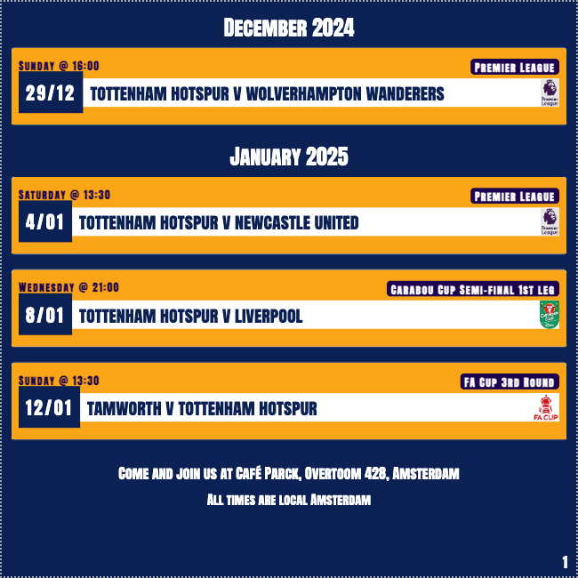 AmsterdamSpurs's tweet photo. Anyone that plays Centre Back: please make your way to Tottenham Hotspur stadium, you may be in demand. 
Everyone else: get to Café Parck and enjoy the Sunday afternoon gezelligheid... lovely food, great company, table tennis, oh and Spurs are playing Wolves - kick off at 1600CET https://t.co/tRnjztD3SU