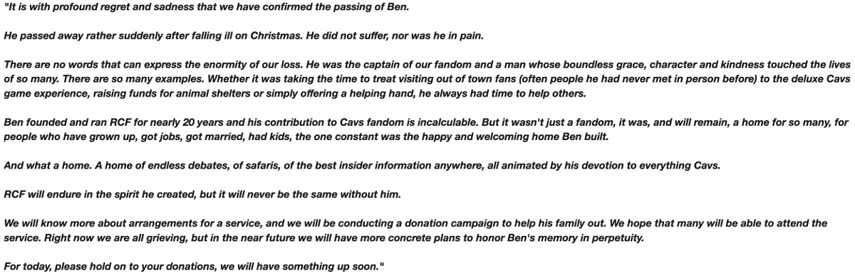realcavsfans's tweet photo. We're currently working through a way to honor @PrideInNEO, and will keep everyone posted as we finalize a way to do so.
We appreciate the outpouring support everyone has shown thus far.
#RIPBen
https://t.co/jeYZTH02iB https://t.co/H6HrZx8xFF