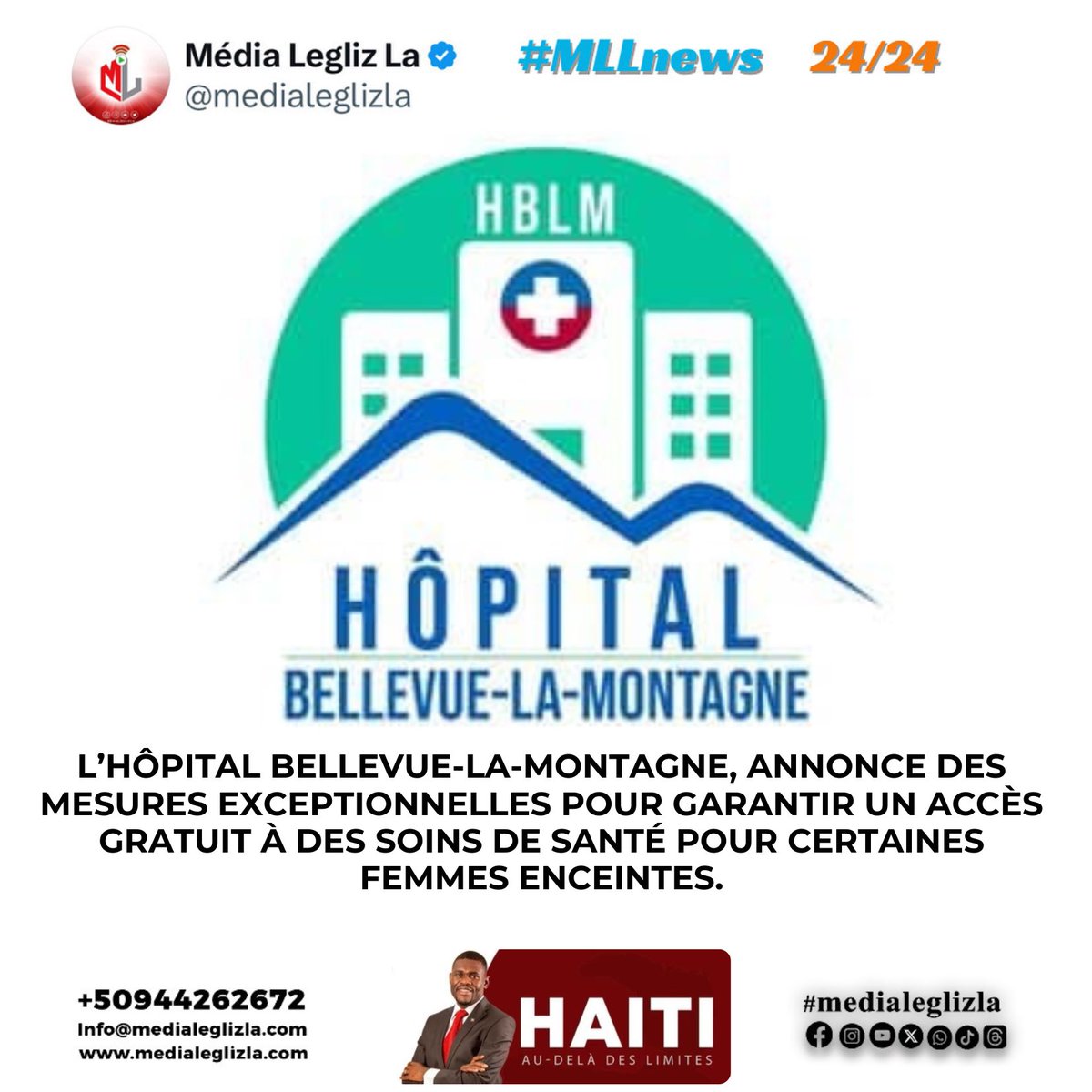 medialeglizla's tweet photo. Dans un esprit de solidarité et conformément à sa mission, l’Hôpital Bellevue-La-Montagne (#HBLM), membre de l’Association des Hôpitaux Privés d’Haïti (#AHPH), annonce des mesures exceptionnelles pour garantir un accès gratuit à des soins de santé pour certaines femmes enceintes.
En effet, situé à Loiseau, Marlique à Pétion-Ville, la maternité de l’hôpital a mobilisé toutes ses ressources, incluant son personnel médical (médecins, infirmières, sages-femmes) et ses équipements, afin d’accompagner les femmes enceintes vivant dans des conditions difficiles, en particulier celles résidant dans les camps de déplacés.
#MLLnews
#Leglizlive
#medialeglizla