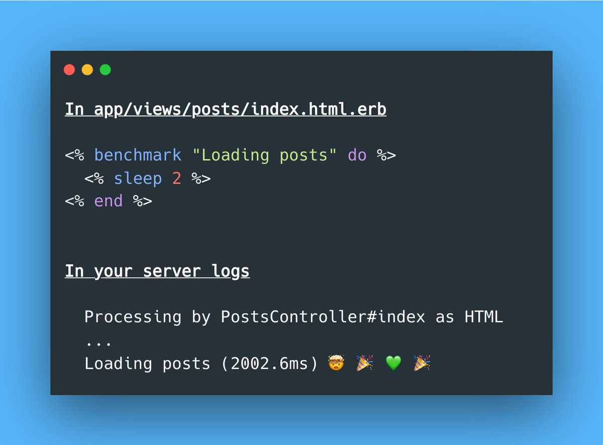 RubyCademy's tweet photo. You can identify slow views by calling `benchmark` around suspected parts to determine their loading times! 🤩
#rubyonrails #actionview