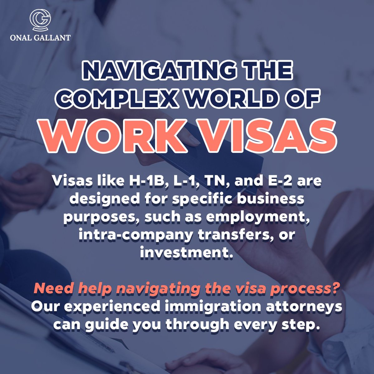 Onal Gallant law firm can guide you through the complex process of obtaining an H-1B, L-1, TN, or E-2 visa.

Contact us today for a consultation.
📞(201) 508-0808

#OGPLawfirm #ExperiencedLawyer #WorkVisas