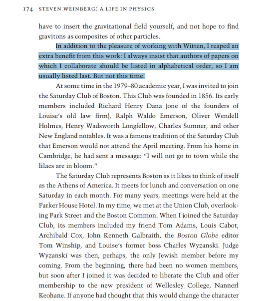 BahramShakerin's tweet photo. [Weinberg on his work with Witten]

In addition to the pleasure of working with Witten, I reaped an extra benefit from this work: I always insist that authors of papers on which I collaborate should be listed in alphabetical order, so I am usually listed last. But not this time. https://t.co/zwMM15JsS3