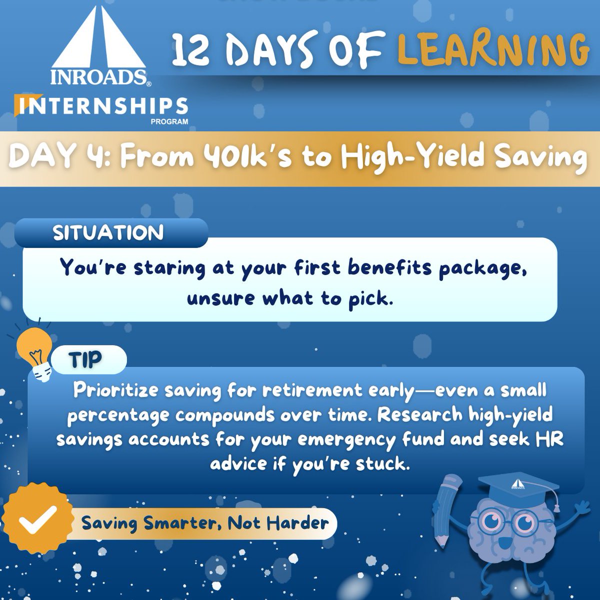 INROADS's tweet photo. Start early, stay consistent, and watch your money grow. 💼💰
📝 Keep these tips in mind and learn more on the INROADS Career Resource Hub ➡️ https://t.co/3BWQM53kAM
#12DaysOfLearning #Careerdevelopment #FinancialTips #401k #HighYieldSavings #WorkExpectations #WorkplaceSuccess https://t.co/Nstt38ynz2