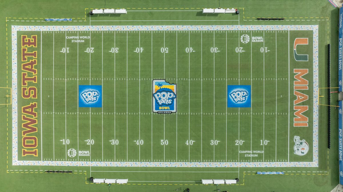 CFBKings's tweet photo. Critical info about today’s Pop-Tarts Bowl:

• The sidelines have sprinkles painted on them.

• The MVP of the game will get to pick from 3 Pop-Tarts flavors and choose the one they want to put in the giant toaster and eat (Wild Berry, Hot Fudge Sundae, Cinnamon Roll. It is unknown what happens to the two that aren’t chosen).

• The trophy has a fully functioning toaster built into the top of it to put Pop-Tarts in.

• Pop-Tarts, and other Pop-Tarts related items, will be available at the concessions.