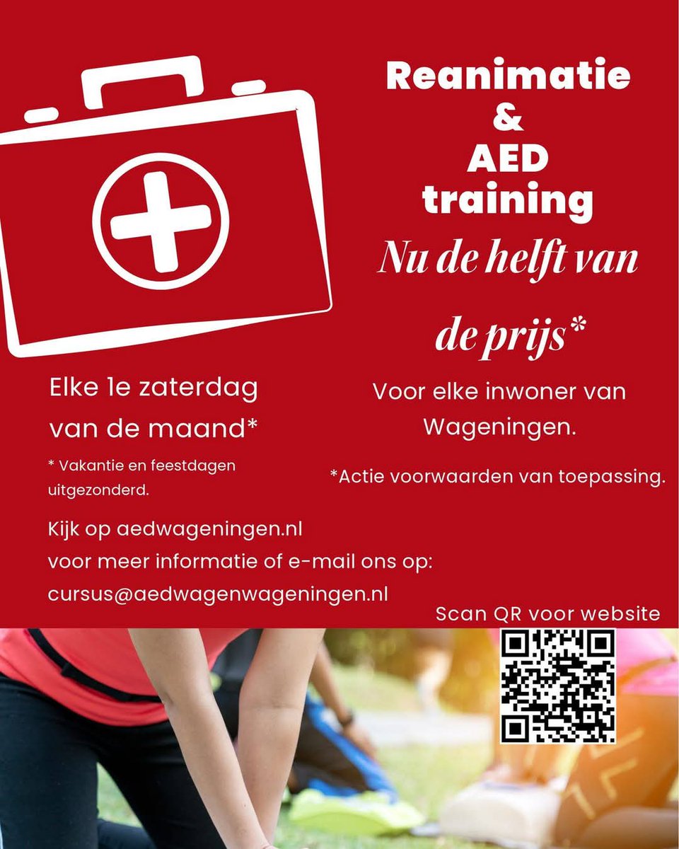 aedwageningen.nl
Nu voor elke inwoner van Wageningen training reanimatie en AED voor helft van de prijs!!! .

Voorwaarden van toepassing 
aedwageningen.nl