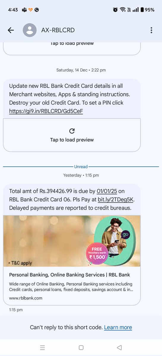 md_baseer's tweet photo. @RBLBankCares @rblbank @CIBIL It's been over 4 weeks with no update on the two fraudulent transactions I reported. Despite being given 90 days to investigate, the bill has been generated. I urge a prompt resolution. @CyberCrimeshyd https://t.co/CqIqKmIdDL
