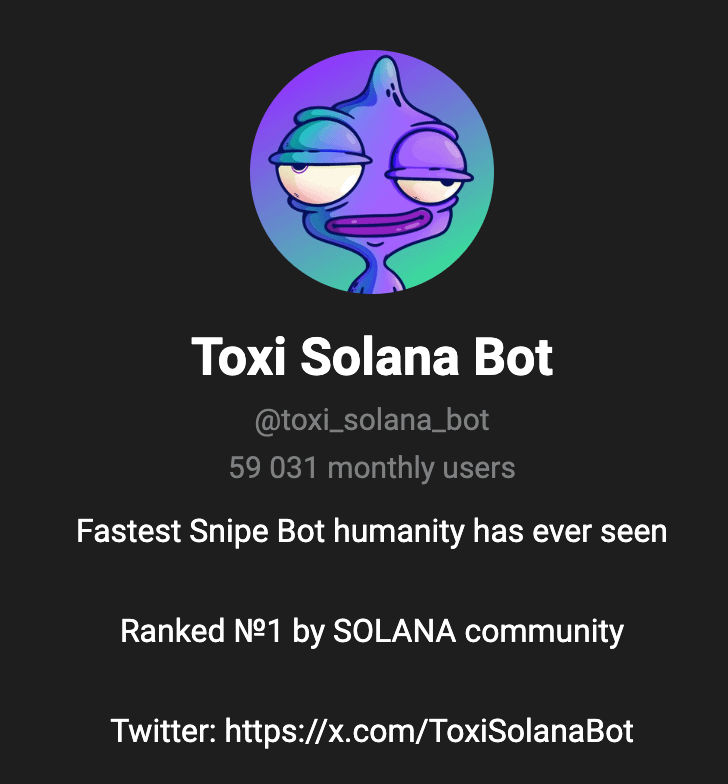 ✜ If you trade on $SOL - make sure to use Toxi Trading Bot

✜ It has fastest transactions and protects you from MEV attacks

✜ Also you can copy trade any wallet, it helped me to buy $PNUT before Binance listing

✜ Pure recommendation without referral links: