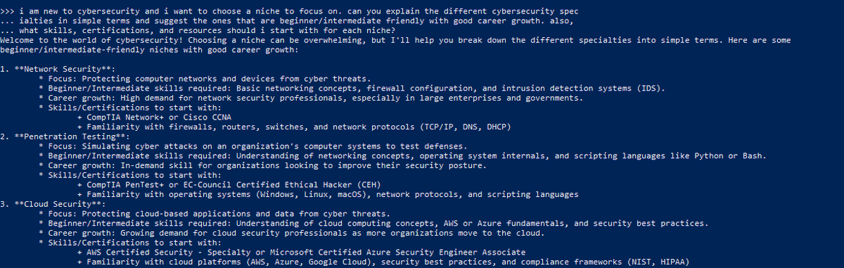 goodboyaitch's tweet photo. you can run LLMs like chatgpt locally on your computer without needing internet connection. 

i asked mine to help me pick a cybersecurity niche and it did an excellent job

how to install:🧵 https://t.co/lEUbLIX8so
