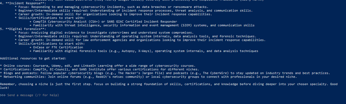 goodboyaitch's tweet photo. you can run LLMs like chatgpt locally on your computer without needing internet connection. 

i asked mine to help me pick a cybersecurity niche and it did an excellent job

how to install:🧵 https://t.co/lEUbLIX8so