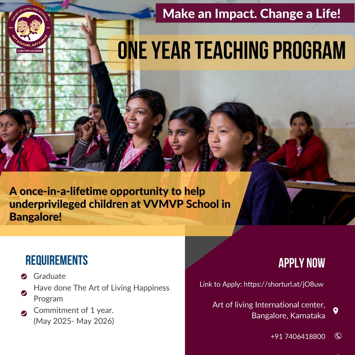 Art of Living Free Schools (@aolschools) on Twitter photo Transform lives in 2025!
One-Year Teaching Program at the Art of Living Free School, Bengaluru
<a href="/BangaloreAshram/">Art of Living International Center</a>
An opportunity to volunteer, teach & make a difference. #GiftASmile
#EducationForAll <a href="/Bhanujgd/">Bhanu Narasimhan</a>
Apply Now: shorturl.at/jO8uw
(Indian nationals only) Transform lives in 2025!
One-Year Teaching Program at the Art of Living Free School, Bengaluru
<a href="/BangaloreAshram/">Art of Living International Center</a>
An opportunity to volunteer, teach & make a difference. #GiftASmile
#EducationForAll <a href="/Bhanujgd/">Bhanu Narasimhan</a>
Apply Now: shorturl.at/jO8uw
(Indian nationals only)