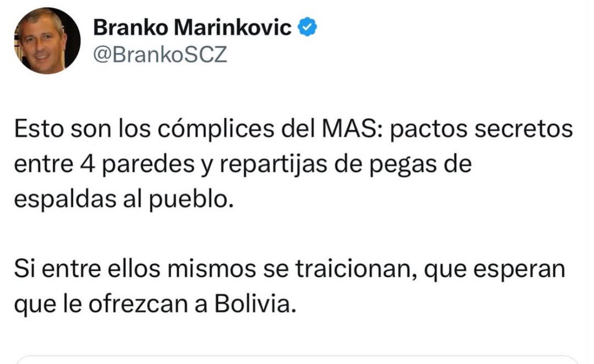 El bloque de unidad es el único camino para reconstruir país. ¡Es la oportunidad histórica para derrotar al “Evoarcismo”! El que desee jugar con egoísmo o con lógica egocéntrica hay que desoírlo.
Sí Branko Marinkovic no desea integrarse, ¡que haga el favor de no estorbar!