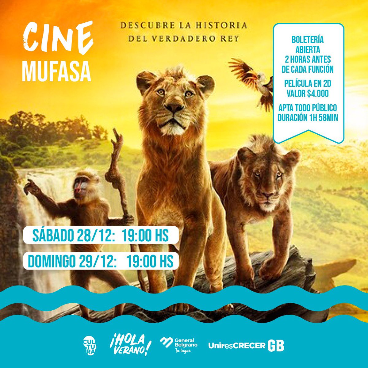 rodriberte's tweet photo. ☀️ Hola Verano ⛱️
FINDE EN EL CINE 🍿

🦁 Los esperamos en el Cine Teatro Español con “Mufasa: El Rey León”

▶️ FUNCIONES
Sábado y domingo a las 19 hs

🎟️ BOLETERÍA
Sábado y domingo desde las 17 hs
👉 Valor entradas $4.000 

😎 Verano imperdible
🧡 Verano en tu lugar https://t.co/M3uP86jJTY