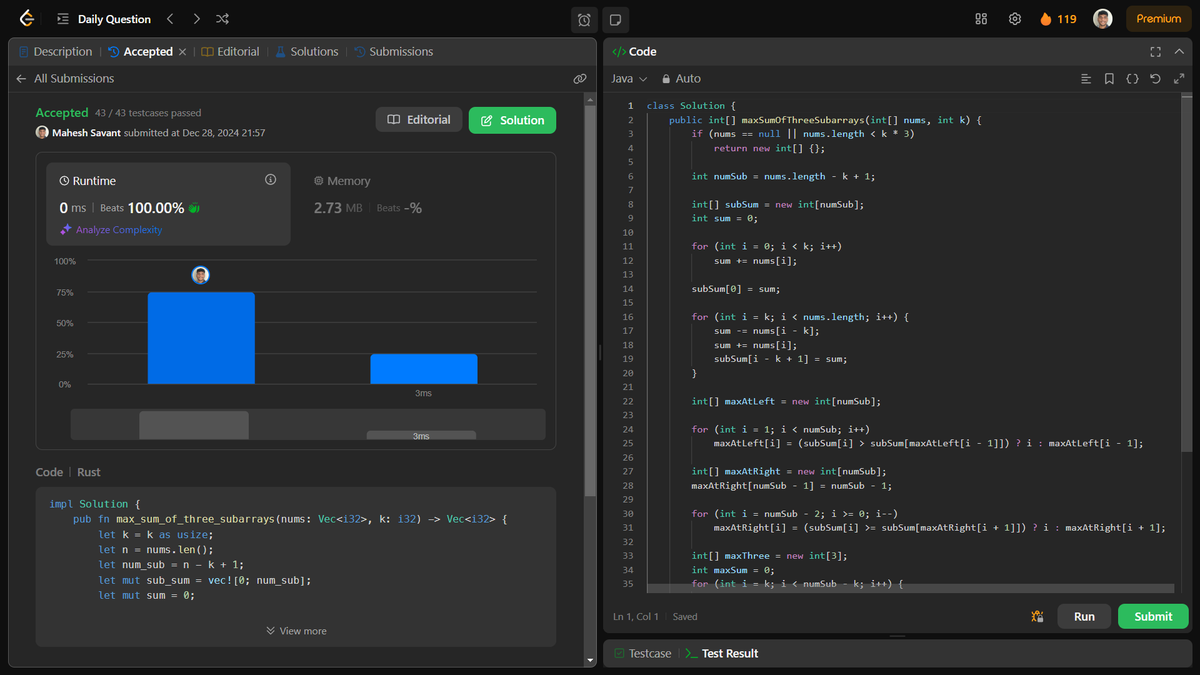 MaheshSavant02's tweet photo. ☀️Day 98/100
🚀 #CodingChallenge | 📅 28th Dec 2024
💡 Problem: Max Sum of Three Subarrays (#689)
✨ Solve with Sliding Window + DP!
🔗 Solution: https://t.co/F3rdBOpjBc

#LeetCode #Programming #Java #CompetitiveCoding #100DaysOfCode #CodingTips #DevCommunity #CodeNewbie https://t.co/DpJPFilydF