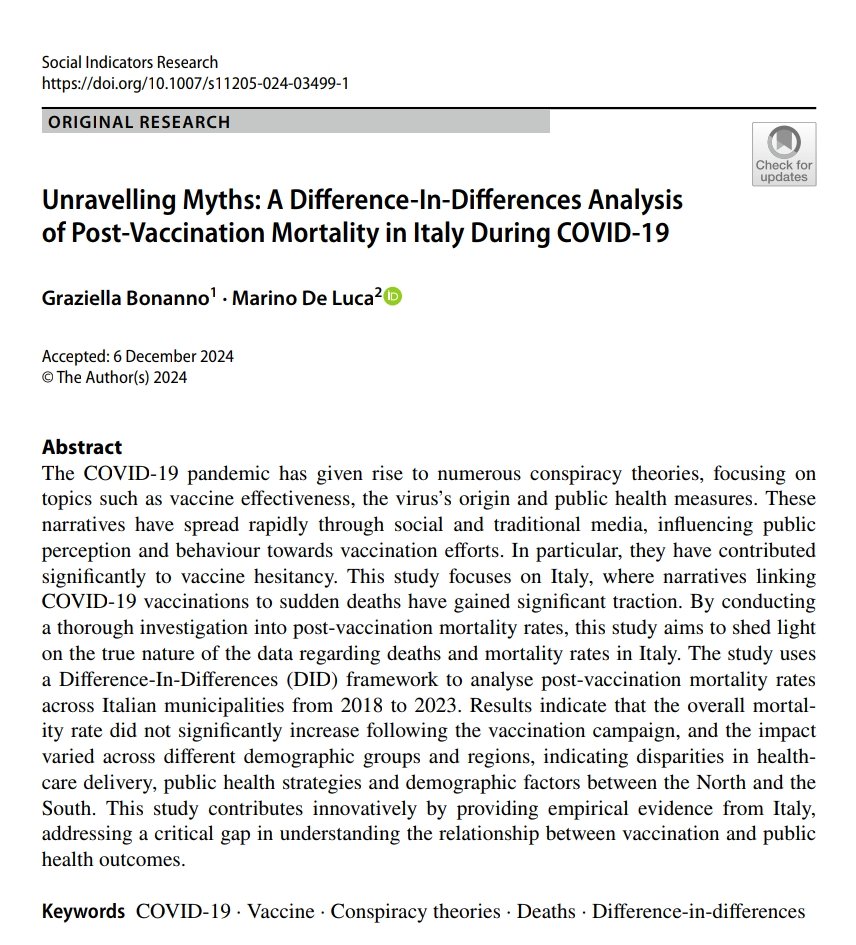 Ho letto con interesse il recente paper di <a href="/grabonanno/">Graziella Bonanno</a> e <a href="/marinodeluca/">Marino De Luca</a> sul vaccino #Covid e i tassi di mortalità. In 2 parole: la tesi cospirazionista è fuffa e, in quanto take, empiricamente infondata
#vaccines #healthcare #econtwitter #28dicembre2024 <a href="/UniCalPortale/">Università della Calabria</a> <a href="/Adnkronos/">Adnkronos</a>
