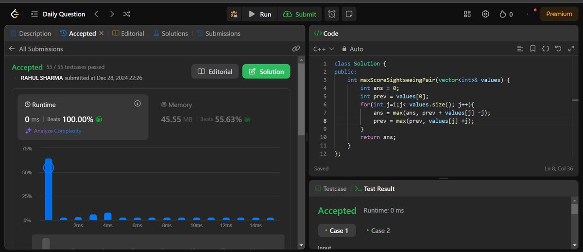 rahulsharm_129's tweet image. 🚀 Day 85 of my #100DaysOfCodingChallenge 🚀
Today, I solved the LeetCode problem: Best Sightseeing Pair 🌄💻.
#100DaysOfCode #Day85 #LeetCode #DynamicProgramming #ProblemSolving #CodingJourney