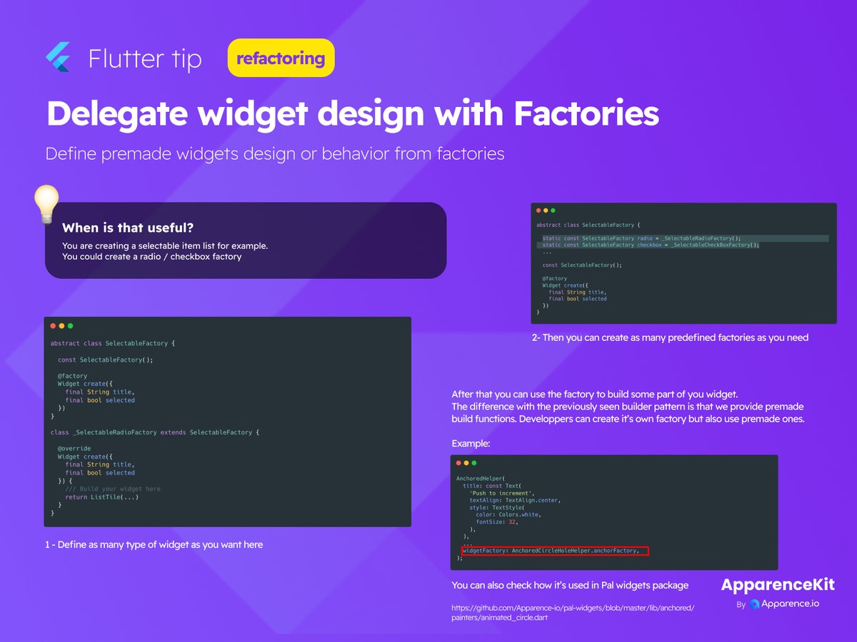 mcflyDev's tweet image. 🧐 Flutter tips 
Create predefined widget design with factories
You can also use this to create custom behaviors

#flutterdev #fluttertips #refactoring
