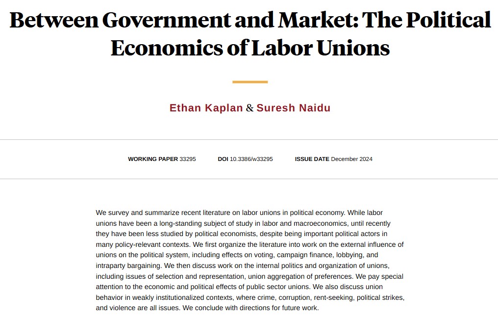 Unions have impact on political, as well as economic outcomes, from Ethan Kaplan and @snaidunl nber.org/papers/w33295