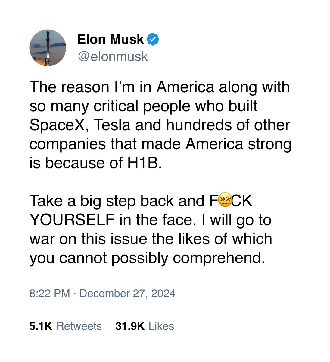 Elon Musk didn’t come to the U.S. on an H1B.

He came illegally, scamming his way in on a student visa (F1) he never used, then violated its terms to work. 

His constant lies about his origin story aren’t just to lecture folks—they’re to protect himself from deportation and