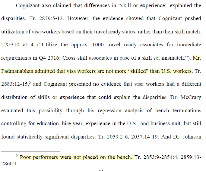 Techno_Fog's tweet image. They'd have you believe that H-1B is a meritocracy.
That's a lie.
A VP for Cognizant, who supplies thousands of H-1B workers for Silicon Valley, admitted under oath that visa workers are not more "skilled" than US workers.