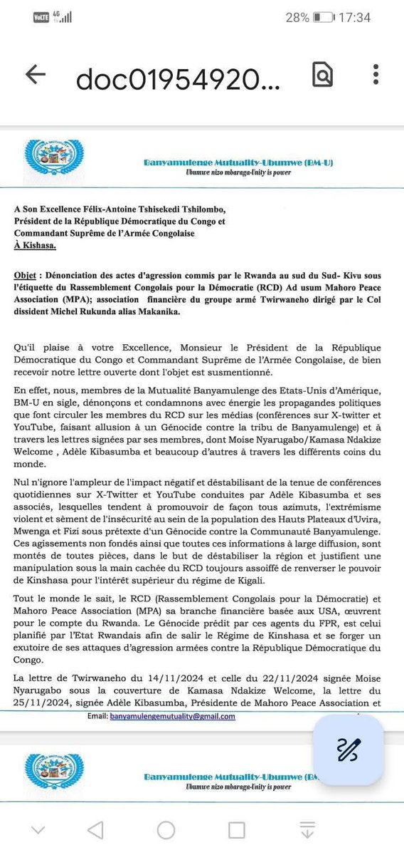 Nyamuhombeza's tweet image. #RDCA🇨🇩 et #RCD🇷🇼🏃🏃🏃🏃

Affaire Moïse NYARUGABO, la mutualité de banyamulenge qui vit aux États-Unis d'Amérique appelle le président Félix Tshisekedi à arrêter moïse NYARUGABO et Azarias RUBERWA car ils sont le moteur de l'agression Rwandaise à L'EST de la RDC depuis RCD-GOMA.