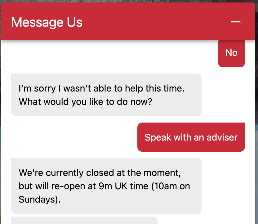 welshstew's tweet photo. @VirginAtlantic Well, that simply isn't true. Your webchat is saying it's closed https://t.co/6bYElJvCg6