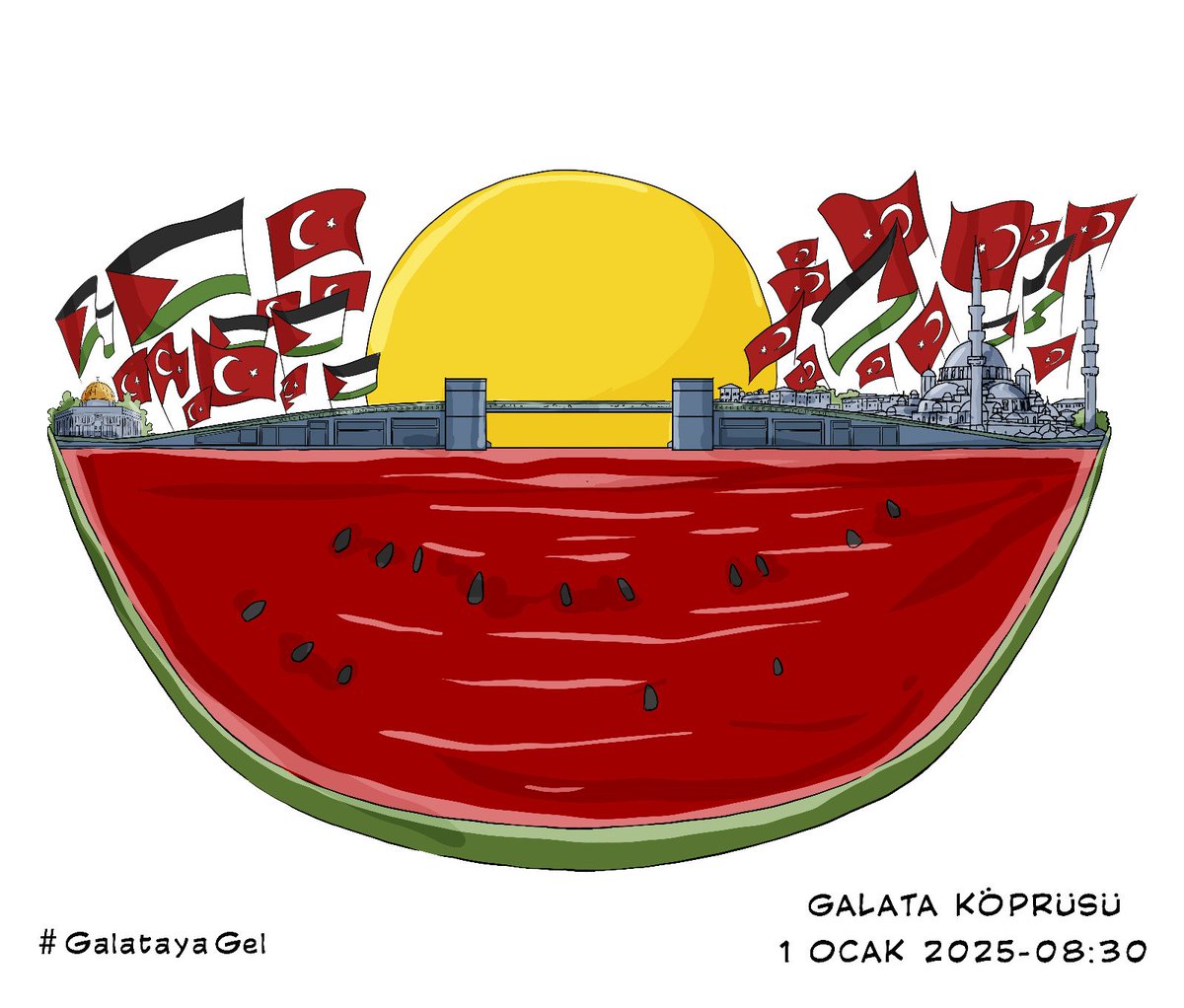 “Cesedimi bulamazlarsa ağlama anne” diyen çocuğun sesi olmak için, insanlığın vicdanını uyandırmak için 1 Ocak’ta Galata Köprüsü’nde buluşuyoruz. #GalatayaGel

🗓️ Tarih: 1 Ocak 2025
🕒 Saat: 08.30
📍 Yer: Galata Köprüsü

#galatayagel