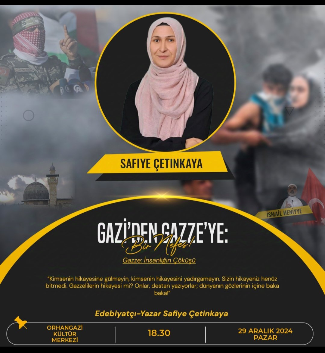 Anadolu'dan Gazze'ye bir nefes platformunun organizasyonu ile 29 Aralık Pazar akşamı Orhangazi'deyiz. Saat 18.30
Gazze'yi konuşmaktan vazgeçmeyeceğiz.
#anadoludangazzeyebirnefes