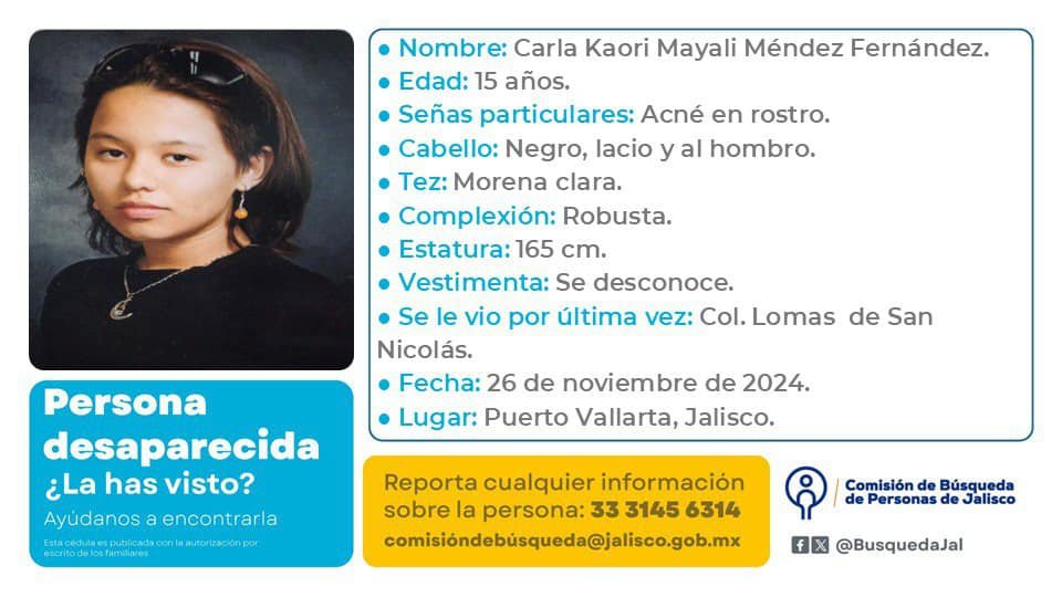 Menor de edad desaparecida en Puerto Vallarta.