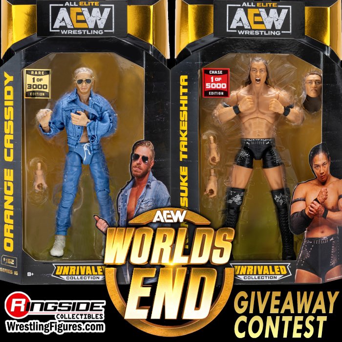 🌎🤯 WORLDS END GIVEAWAY 🤯🌍

Enter our AEW Worlds End Giveaway Contest! We will select TWO WINNERS! One will win an #AEWUnrivaled Series 16 Chase 1/5000 Konosuke Takeshita and the other will win a Rare 1/3000 Orange Cassidy!

To enter:
- Must be following @ringsidec 
- Like &amp;