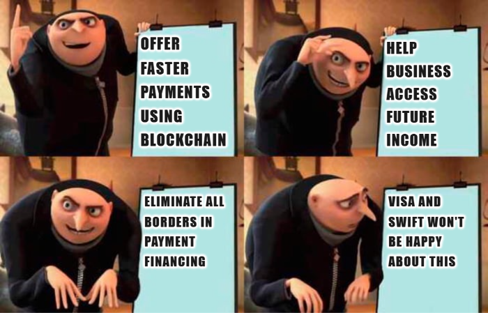 chainstellar's tweet photo. @Visa AND @swiftcommunity won't like this😆

Context ⇟

https://t.co/R5zqpxYFla

#humafinancememes
#payfinetwork
#humafinance https://t.co/FARn4MRjtA