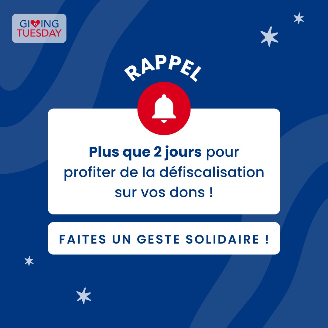 GivingTuesdayFr's tweet image. ⏳ Plus que 2 jours pour profiter de la défiscalisation sur vos dons !
✅ 66% de votre don peuvent être déduits si vous soutenez une association ou une fondation reconnue d'utilité publique.
➡️ Vous avez jusqu'au 31 décembre pour faire un geste !
#GivingTuesdayFR #generosite