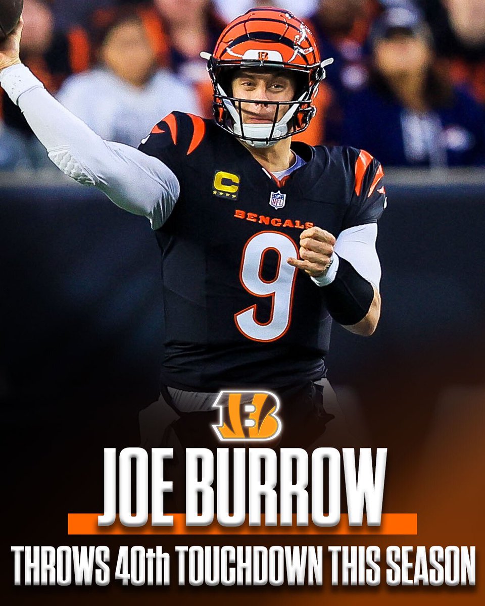 SNFonNBC's tweet photo. Joe Burrow is officially the first QB in Bengals history to throw 40 TDs in a season. 🔥 https://t.co/Yn7ZlnaSkg