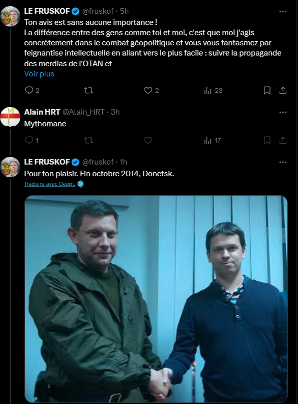 fruskof's tweet photo. #Fruskof #Ukronazis #russophobie #bandérisme #partiaméricain #Donbass #Ukraine #Russie #Donetsk 

Ce samedi étant mon anniversaire, je me suis concédé par loisir, we aidant, ce que je fais très rarement : m'intéresser aux pro-ukrops français sur les réseaux sociaux.

Après quelques échanges avec nos sommités intellectuelles qui confondent langage fleuri, refoulement et recraché du narratif des merdias de l'OTAN produit sur un logiciel de guerre froide du siècle dernier, avec une pensée analytique, argumentée rationnelle et intelligente, voilà qu'ils ne peuvent tenir la route bien longtemps et qu'ils me bloquent 🤣

Leur Safe Space d'homme-soja d'occidental déconstruit ne tient pas la route bien longtemps.

Eh les gars attendez l'année 2025, ça va être distribution de noisettes à volonté 🤣🇷🇺

Contre les kollabos français avec yankeeland !
Pour l'Europe unitaire et communautaire de Vladivostok à Dublin !
America Delenda Est ! Europa Fortis Unitate !