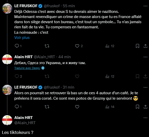 fruskof's tweet photo. #Fruskof #Ukronazis #russophobie #bandérisme #partiaméricain #Donbass #Ukraine #Russie #Donetsk 

Ce samedi étant mon anniversaire, je me suis concédé par loisir, we aidant, ce que je fais très rarement : m'intéresser aux pro-ukrops français sur les réseaux sociaux.

Après quelques échanges avec nos sommités intellectuelles qui confondent langage fleuri, refoulement et recraché du narratif des merdias de l'OTAN produit sur un logiciel de guerre froide du siècle dernier, avec une pensée analytique, argumentée rationnelle et intelligente, voilà qu'ils ne peuvent tenir la route bien longtemps et qu'ils me bloquent 🤣

Leur Safe Space d'homme-soja d'occidental déconstruit ne tient pas la route bien longtemps.

Eh les gars attendez l'année 2025, ça va être distribution de noisettes à volonté 🤣🇷🇺

Contre les kollabos français avec yankeeland !
Pour l'Europe unitaire et communautaire de Vladivostok à Dublin !
America Delenda Est ! Europa Fortis Unitate !