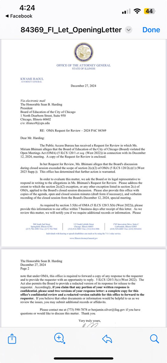 paschutz's tweet photo. More trouble for Mayor Johnson’s handpicked school board: “further action is warranted,” @ILAttyGeneral investigating whether board violated Open Meetings Act by addressing certain agenda items in closed session, away from public view. Response to @miriamcbthinks https://t.co/YHsCyYMzdt