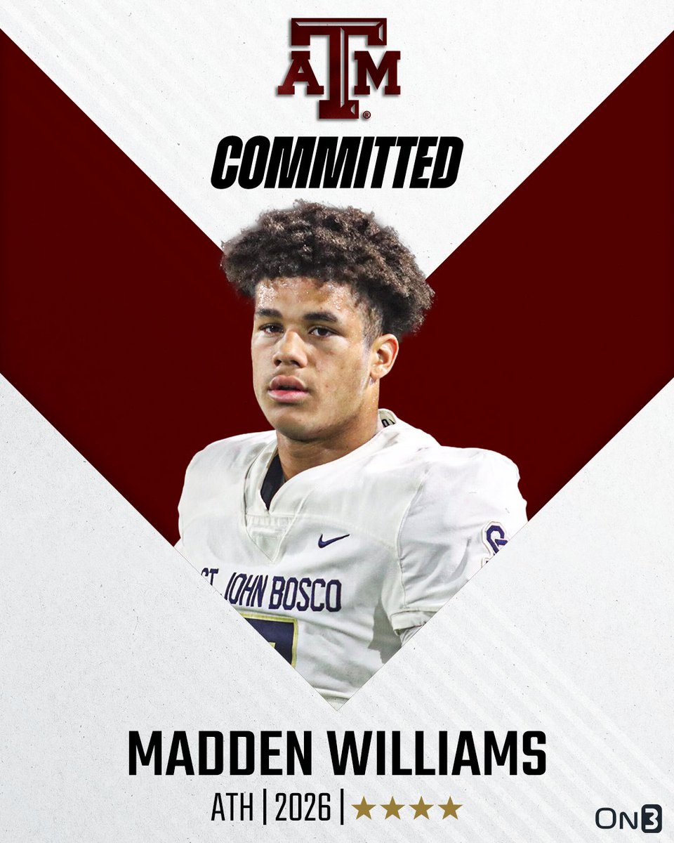 On3 Recruits (@on3recruits) on Twitter photo 🚨BREAKING🚨 2026 4-star ATH Madden Williams has committed to Texas A&M👍
More from <a href="/ChadSimmons_/">ChadSimmons</a>: on3.com/news/2026-4-st… 🚨BREAKING🚨 2026 4-star ATH Madden Williams has committed to Texas A&M👍
More from <a href="/ChadSimmons_/">ChadSimmons</a>: on3.com/news/2026-4-st…