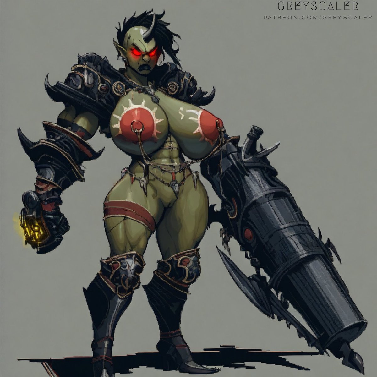 Greyscalerart's tweet photo. Preview of Kal-ash the one horned leader of the Black-Knot Bandit tribes... Her stat block is next up on my list.  #orc #darkfantasy #roleplay #ttrpg #porn #hentai #rule34 #monstergirl #AIart #AIArtistCommunity #aigenerativeimages #nsfwtwt https://t.co/WJ5VfNJUGo